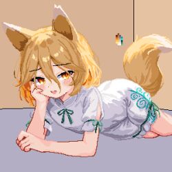 Rule 34 | 1girl, 999 (hansode), animal ears, blonde hair, blush, color guide, fox ears, fox tail, highres, kudamaki tsukasa, looking at viewer, open mouth, pixel art, romper, short hair, short sleeves, smile, solo, tail, touhou, white romper, yellow eyes