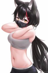 Rule 34 | 1girl, absurdres, animal ear fluff, animal ears, black hair, breasts, hair ornament, hairclip, highres, hololive, large breasts, long hair, looking at viewer, mask, midriff, mouth mask, multicolored hair, navel, ookami mio, ponytail, red hair, shira jun, streaked hair, tail, virtual youtuber, wolf ears, wolf girl, wolf tail, yellow eyes