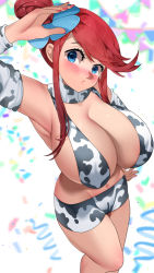 Rule 34 | 1girl, areola slip, armpits, bare shoulders, blue eyes, blush, breasts, collarbone, creatures (company), game freak, gloves, gym leader, hair ornament, large breasts, looking at viewer, nail polish, navel, nintendo, one side up, pokemon, pokemon bw, red hair, short hair with long locks, sidelocks, skyla (pokemon), smile, sumisumii, thighs