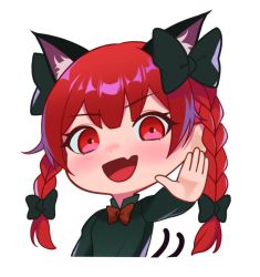 Rule 34 | 1girl, animal ears, black bow, blush, bow, braid, cat ears, cat tail, chibi, dress, extra ears, fang, gesture, green dress, hand up, kaenbyou rin, multiple tails, nekomata, open mouth, recare, red eyes, red hair, simple background, smile, solo, tail, touhou, twin braids, two tails, white background