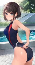 Rule 34 | 1girl, adjusting clothes, adjusting swimsuit, ass, backless swimsuit, bare arms, bare shoulders, black hair, black one-piece swimsuit, blue eyes, blush, breasts, closed mouth, commentary request, competition swimsuit, day, from side, highres, hololive, looking at viewer, looking to the side, nose blush, one-piece swimsuit, oozora subaru, outdoors, racchi., small breasts, solo, stairs, sweat, swimsuit, tree, two side up, virtual youtuber, water, wedgie