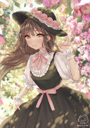 Rule 34 | 1girl, absurdres, arm up, blue sky, blurry, blurry background, blush, bow, brown hair, closed mouth, day, dress, field, flower, flower field, flower hat, frilled cuffs, green dress, green hat, hat, highres, holding, holding clothes, holding dress, long hair, looking at viewer, neck ribbon, orange eyes, original, pinafore dress, pink bow, pink flower, pink rose, puffy dress, puffy sleeves, ribbon, rose, sangatsu (mitsuki358), sky, sleeveless, sleeveless dress, smile, solo, standing, straight hair, sunlight, waist bow, watermark, yellow flower