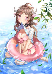 Rule 34 | 1girl, absurdres, ahoge, animal ears, arknights, bad id, bad pixiv id, barefoot, bikini, blush, breasts, brown hair, clothes in mouth, clothes lift, commentary request, eyjafjalla (arknights), front-tie bikini top, front-tie top, highres, horns, innertube, lifted by self, long hair, looking at viewer, medium breasts, mouth hold, navel, partial commentary, pink bikini, pink eyes, shallow water, sheep ears, sheep horns, shirt, shirt in mouth, shirt lift, short sleeves, side-tie bikini bottom, sitting, smile, solo, stomach, swim ring, swimsuit, wariza, water, white shirt, zeroillya