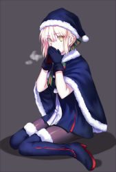 Rule 34 | 1girl, alternate costume, artoria pendragon (all), artoria pendragon (fate), black footwear, black gloves, black pantyhose, blonde hair, blue santa costume, boots, bow, bowtie, breath, cape, christmas, covering own mouth, dress, fate/grand order, fate (series), full body, fur-trimmed boots, fur boots, fur trim, gloves, hair bow, hair ribbon, hat, highres, hujitaumi, long hair, pantyhose, pom pom (clothes), ribbon, saber (fate), saber alter, santa alter, santa costume, santa hat, shadow, short dress, simple background, sitting, solo, striped bow, striped bowtie, striped clothes, striped neckwear, thigh boots, thighhighs, wariza, yellow eyes