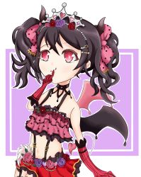 Rule 34 | 1girl, :p, absurdres, artist name, artist request, bare shoulders, black choker, black hair, blush, bow, breasts, chibi, choker, collarbone, curled horns, curly hair, demon girl, demon horns, demon tail, demon wings, elbow gloves, female focus, floral print, flower, gloves, grey wings, hair between eyes, hair bow, hair flower, hair ornament, highres, horns, looking at viewer, love live!, love live! school idol festival, love live! school idol project, midriff, navel, parted lips, pink flower, pink gloves, pink rose, pleated skirt, polka dot, polka dot bow, print skirt, purple flower, purple rose, red bow, red eyes, red flower, red rose, red skirt, rose, rose print, short hair, sidelocks, skirt, small breasts, smile, solo, striped clothes, striped gloves, tail, thighhighs, tiara, tongue, tongue out, twintails, vertical-striped clothes, vertical-striped gloves, wings, wrile (pixiv37965916), yazawa nico