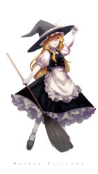 Rule 34 | 1girl, absurdres, apron, arm up, bare shoulders, black hat, black skirt, black vest, blonde hair, blurry, bow, braid, breasts, broom, buttons, character name, commentary request, frills, full body, grey footwear, grey socks, hair between eyes, hair bow, hand on headwear, hand up, hat, hat bow, highres, kirisame marisa, long hair, looking to the side, medium breasts, open mouth, puffy short sleeves, puffy sleeves, shirt, shoes, short sleeves, simple background, single braid, skirt, skirt set, smile, socks, solo, somei ooo, standing, teeth, tongue, touhou, v-shaped eyebrows, vest, white apron, white background, white bow, witch hat, yellow eyes