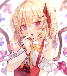 Rule 34 | 1girl, absurdres, alternate costume, bare shoulders, blonde hair, commentary, crystal, flandre scarlet, hair ornament, hair ribbon, hairclip, hand to own mouth, hand up, heart, heart-shaped pupils, highres, light blush, looking at viewer, medium hair, nail polish, neck ribbon, no headwear, one side up, paragasu (parags112), red eyes, red nails, red ribbon, ribbon, shirt, solo, symbol-only commentary, symbol-shaped pupils, touhou, upper body, white background, white shirt, wings, wristband, x hair ornament, yellow ribbon