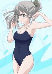 Rule 34 | 1girl, adjusting clothes, adjusting swimsuit, armpits, bare shoulders, blue background, blush, bow, breasts, collarbone, female focus, green eyes, grey hair, hair bow, hand in own hair, highres, koisuru asteroid, legs, long hair, medium breasts, mole, mole on breast, mole under eye, morino mari, open mouth, ponytail, qb (qb46311027), school swimsuit, solo, standing, swimsuit