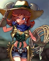 Rule 34 | 1girl, absurdres, alternate costume, bandana, bandana around neck, belt, belt buckle, blue bandana, blue eyes, brown hair, buckle, clothes lift, cloud, cloudy sky, cow horns, earrings, gloves, hat, highres, holding, holding rope, horns, jewelry, long hair, looking to the side, mario (series), midriff, nintendo, one eye closed, outdoors, pointing, pointing up, princess daisy, princess peach: showtime!, pushing, rope, short sleeves, shorts, sky, stoic seraphim, sun, sunlight, super mario land, thighs