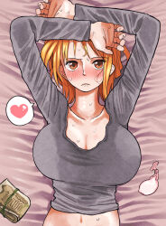 1girl aftersex arms_up banknote bed_sheet blush breasts cleavage commentary condom grey_shirt heart hickey highres large_breasts long_sleeves looking_at_viewer lying money nami_(one_piece) navel nose_blush on_back one_piece orange_hair prostitution reona_(mesuinupoke) shirt solo spoken_heart sweat sweatdrop sweaty_clothes upper_body used_condom