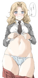 Rule 34 | 1girl, black necktie, blazer, blonde hair, blue eyes, blue panties, blush, bow, bow panties, bright pupils, clothes lift, clothes pull, commentary, cowboy shot, dress shirt, elf (stroll in the woods), girls und panzer, grey jacket, grin, groin, hair intakes, heart, heartbeat, highres, jacket, kay (girls und panzer), lifted by self, long hair, long sleeves, looking at viewer, miniskirt, navel, necktie, open clothes, open jacket, panties, pleated skirt, red skirt, saunders school uniform, school uniform, shirt, shirt lift, simple background, skindentation, skirt, skirt pull, smile, solo, standing, string panties, sweat, thigh gap, translated, underwear, white background, white pupils, white shirt, wing collar