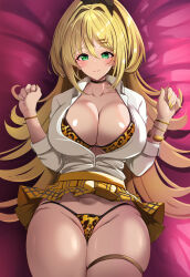 Rule 34 | 1girl, absurdres, animal print, blonde hair, blush, bra, bracelet, breasts, checkered clothes, checkered skirt, choker, cleavage, closed mouth, clothes lift, collarbone, earrings, goddess of victory: nikke, green eyes, gyaru, headgear, highres, hoop earrings, jewelry, large breasts, leopard print, long hair, lying, necklace, on back, rupee (nikke), senra banshou, shirt, skirt, skirt lift, solo, thighlet, unbuttoned, underwear, white shirt, yellow skirt