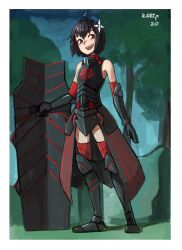 Rule 34 | 1girl, absurdres, ahoge, armor, armored boots, armored skirt, armpits, artist name, bare shoulders, black armor, black eyes, black hair, blush, bob cut, boots, breastplate, breasts, bright pupils, commentary, dated, english commentary, foliage, forest, full body, gauntlets, hair between eyes, hair ornament, highres, holding, holding shield, itai no wa iya nano de bougyoryoku ni kyokufuri shitai to omoimasu, kart prowler, looking to the side, maple (bofuri), nature, open mouth, red sleeves, red thighhighs, shield, short hair, shuriken hair ornament, signature, small breasts, smile, solo, standing, thighhighs, tower shield, tree, white pupils, zettai ryouiki