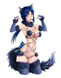 Rule 34 | 1girl, absurdres, animal ears, blue gloves, blue thighhighs, blush, bow, breasts, cat ears, cat tail, ciel (tsukihime), commentary, cosplay, cropped legs, elbow gloves, elesia, fangs, feather boa, fingerless gloves, fingernails, fur trim, gloves, halloween, highres, kemonomimi mode, long hair, low ponytail, mash kyrielight, mash kyrielight (dangerous beast), mash kyrielight (dangerous beast) (cosplay), medium breasts, nail polish, navel, oceanbellereine, official alternate costume, pasties, paw pose, red eyes, revealing clothes, sharp fingernails, solo, tail, thighhighs, tsukihime, underboob, white background