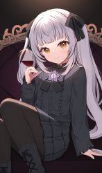 Rule 34 | 1girl, absurdres, alcohol, arm support, black bow, black dress, black footwear, black pantyhose, blunt bangs, blush, boots, bow, brown eyes, closed mouth, commentary request, cross-laced footwear, cup, dress, drinking glass, hair bow, hand up, highres, holding, holding cup, hololive, lace-up boots, layered dress, long sleeves, looking at viewer, murasaki shion, pantyhose, pleated dress, silver hair, sitting, sleeves past wrists, smile, solo, starfox1015, twintails, virtual youtuber, wine, wine glass