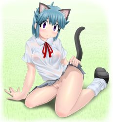 Rule 34 | 1girl, absurdres, animal ears, bad id, bad pixiv id, blue hair, blush, breasts, cat ears, cat tail, clothes lift, highres, kazu-chan, keroro gunsou, kneeling, legs, looking at viewer, nipples, nishizawa momoka, no nose, no panties, pleated skirt, purple eyes, pussy, school uniform, shoes, skirt, skirt lift, small breasts, socks, solo, tail, wet, wet clothes