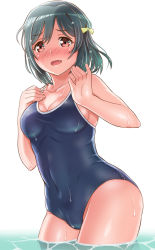 Rule 34 | 1girl, bare shoulders, black hair, blue one-piece swimsuit, blush, breasts, brown eyes, cleavage, collarbone, commentary request, competition school swimsuit, contrapposto, covered navel, cowboy shot, embarrassed, eyelashes, fang, furrowed brow, gonta (gshoutai), hair ribbon, hand on own chest, highres, looking at viewer, love live!, love live! nijigasaki high school idol club, love live! school idol festival all stars, medium breasts, mifune shioriko, one-piece swimsuit, open mouth, ribbon, ribs, school swimsuit, short hair, sideboob, solo, spaghetti strap, swimsuit, wading, water, wet, wet hair, wide hips, yellow ribbon