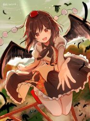 Rule 34 | 1girl, :d, absurdres, bird, bird wings, black feathers, black hair, black ribbon, black skirt, black wings, breasts, commentary request, crow, ekisutora, falling feathers, feathered wings, feathers, flying, frilled skirt, frills, full body, geta, happy, hat, highres, leaf print, looking at viewer, neck ribbon, offering hand, one-hour drawing challenge, open mouth, pom pom (clothes), puffy short sleeves, puffy sleeves, red footwear, red hat, ribbon, shameimaru aya, shirt, short sleeves, skirt, small breasts, smile, solo, tengu-geta, tokin hat, touhou, white shirt, wings