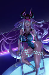 Rule 34 | 1girl, :o, aqua hair, arm support, artist request, ass, black one-piece swimsuit, breast cutout, breasts, city, cleavage cutout, clothing cutout, colored inner hair, colored skin, curvy, fate/grand order, fate (series), green nails, grey skin, highleg, highleg swimsuit, highres, horns, ibuki douji (fate), ibuki douji (swimsuit berserker) (fate), ibuki douji (swimsuit berserker) (first ascension) (fate), long hair, looking at viewer, multicolored hair, nail polish, night, night sky, one-piece swimsuit, oni horns, partially submerged, pink hair, pink one-piece swimsuit, ponytail, pool, red eyes, shiny skin, simple background, sky, swimsuit, two-tone hair, two-tone swimsuit, very long hair, water, whistle, wide hips