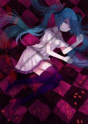 Rule 34 | 1girl, aqua eyes, aqua hair, bad id, bad pixiv id, checkered background, cuivre, dress, hatsune miku, high heels, long hair, looking at viewer, lying, on side, petals, shoes, single shoe, smile, solo, thighhighs, twintails, very long hair, vocaloid, world is mine (vocaloid)