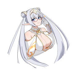 Rule 34 | 1girl, arm guards, bare shoulders, blue eyes, blush, breasts, britomart (fate), britomart (second ascension) (fate), capelet, center opening, cleavage, double bun, dress, drill bulbul, elbow gloves, fate/grand order, fate (series), glasses, gloves, gold trim, grey hair, hair bun, hairband, large breasts, long hair, looking at viewer, pointy ears, smile, solo, taut clothes, taut dress, twintails, very long hair, white capelet, white dress, white gloves