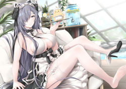 Rule 34 | 1girl, august von parseval (azur lane), august von parseval (the conquered unhulde) (azur lane), azur lane, black bow, black bowtie, black footwear, blue eyes, blue hair, blush, bow, bowtie, breasts, couch, dragon girl, dragon horns, dress, full body, garter straps, gudon (iukhzl), hair between eyes, hair over one eye, high heels, highres, holding, holding tray, horns, large breasts, legs, legs up, long hair, looking at viewer, maid, maid headdress, manjuu (azur lane), official alternate costume, open mouth, shoes, sideboob, single shoe, sitting, soles, solo, thighhighs, thighs, tray, water, white dress, white thighhighs, window