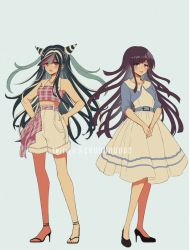 Rule 34 | 2girls, alternate costume, bare arms, bare shoulders, belt, black footwear, black hair, blue belt, blue hair, blue jacket, blush, collarbone, commentary, contemporary, criis-chan, danganronpa (series), danganronpa 2: goodbye despair, dress, hair horns, hands on own hips, high-waist shorts, high heels, jacket, long hair, looking at viewer, messy hair, midriff, mioda ibuki, multiple girls, open mouth, own hands together, pantyhose, plaid, plaid belt, plaid shirt, purple hair, red hair, ribbon-trimmed shorts, ribbon trim, shirt, shoes, shorts, simple background, smile, standing, striped, symbol-only commentary, teeth, tsumiki mikan, twitter username, upper teeth only, v arms, watermark, white dress, white hair, white shorts