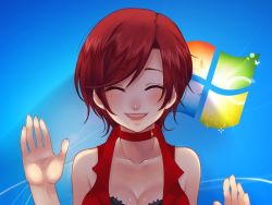 Rule 34 | 1girl, against fourth wall, bad id, bad pixiv id, breasts, choker, cleavage, female focus, fourth wall, gradient background, happy, laughing, lips, medium breasts, meiko (vocaloid), microsoft windows, nez-doll, red hair, short hair, smile, solo, vocaloid