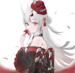 Rule 34 | 1girl, bare shoulders, bell, black kimono, blunt bangs, commentary, flower, frilled sleeves, frills, hair bell, hair bun, hair ornament, holding, holding flower, hololive, horns, japanese clothes, jingle bell, katana, kimono, kouhaku nawa, long hair, long sleeves, looking at viewer, mask, mask on head, multicolored hair, nakiri ayame, nakiri ayame (1st costume), off shoulder, oni, oni mask, parted lips, quarter 1404, red eyes, red flower, red hair, rope, sheath, sheathed, shimenawa, silver hair, simple background, single hair bun, skin-covered horns, solo, spider lily, streaked hair, sword, upper body, virtual youtuber, weapon, weapon on back, white background, wide sleeves