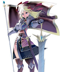 Rule 34 | 1girl, armor, banner, belt, blonde hair, bow, breasts, commentary request, cowboy shot, earrings, flag, flagpole, gauntlets, greatsword, greaves, hair bow, hair ribbon, high collar, highres, huge weapon, jewelry, knight, kouno (masao), large breasts, original, pauldrons, planted, planted sword, planted weapon, red ribbon, revision, ribbon, sheath, sheathed, shoulder armor, side slit, solo, standing, sword, weapon, white background, wind, wind lift