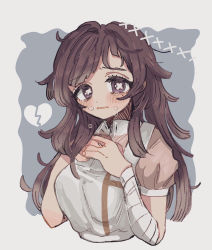 Rule 34 | 1girl, apron, bad id, bad pixiv id, bandaged arm, bandages, black eyes, blush, broken heart, brown hair, collared shirt, cropped torso, crying, crying with eyes open, danganronpa (series), danganronpa 2: goodbye despair, grey background, hands on own chest, hands up, heart, highres, kara aren, mole, mole under eye, open mouth, pink shirt, puffy short sleeves, puffy sleeves, shirt, short sleeves, solo, tears, tsumiki mikan, upper body, white apron, white background