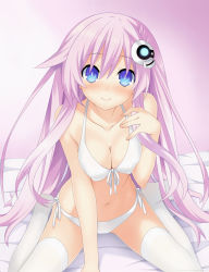 Rule 34 | 10s, 1girl, arm support, bikini, blue eyes, blush, breasts, choujigen game neptune mk2, cleavage, collarbone, covered erect nipples, derivative work, front-tie top, gabriel evangel, gradient background, hair ornament, highres, long hair, looking at viewer, navel, nepgear, neptune (series), nose blush, panties, power symbol, power symbol-shaped pupils, purple hair, purple sister, shiny skin, side-tie bikini bottom, sitting, smile, solo, swimsuit, symbol-shaped pupils, thighhighs, underwear, very long hair, wariza, white thighhighs