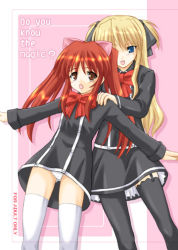 Rule 34 | 2girls, :d, :o, aloe, aloe (quiz magic academy), black dress, black legwear, blonde hair, blue eyes, bow, bowtie, brown eyes, brown hair, dress, garter straps, hair ribbon, hand on another&#039;s shoulder, long hair, long sleeves, multiple girls, open mouth, outstretched arms, panties, pantyshot, quiz magic academy, ribbon, shalon, smile, spread arms, standing, thighhighs, twintails, two side up, underwear, white legwear, white panties