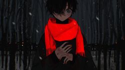 Rule 34 | 052 (saniiiwan), 1boy, bare tree, black hair, black jacket, black shirt, blood, blood on hands, blue eyes, city, commentary request, cuts, forest, hair over one eye, highres, injury, jacket, looking at viewer, male focus, nature, night, original, red scarf, scarf, scratches, shirt, short hair, snow, snowing, solo, tree, turtleneck, upper body