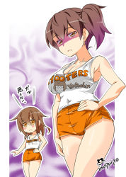 Rule 34 | &gt;:&lt;, 10s, 2girls, :&lt;, alternate costume, artist name, blush stickers, breasts, brown eyes, brown hair, cleavage, closed mouth, clothes writing, employee uniform, hand on own hip, highres, hooters, imu sanjo, kaga (kancolle), kantai collection, large breasts, looking at viewer, multiple girls, no bra, no legwear, shaded face, short shorts, shorts, side ponytail, sideboob, signature, tank top, thighs, translation request, uniform, v-shaped eyebrows, waitress, wakaba (kancolle)