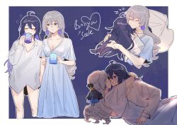 Rule 34 | 2girls, absurdres, ahoge, alternate costume, black headwear, blue hair, blush, bottomless, breasts, bronya zaychik, character name, cleavage, closed eyes, closed mouth, collarbone, couple, cup, dress, drill hair, girl on top, grey hair, hair between eyes, heart, highres, holding, holding cup, holding hands, honkai: star rail, honkai (series), hug, imminent kiss, long hair, long sleeves, looking at another, lying, multiple girls, no mouth, open hand, pillow, seele (honkai: star rail), shirt, simple background, sleeping, small breasts, smile, staring, user217104030, white shirt, white sleeves, yuri, zzz