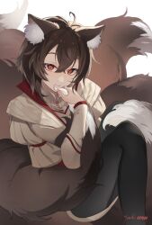 Rule 34 | 1girl, airi (floofytail), animal ear fluff, animal ears, brown hair, brown tail, fox ears, fox girl, fox tail, hair between eyes, highres, holding, holding own tail, looking at viewer, multiple tails, original, shirt, simple background, smile, solo, tail, white shirt, yuuki uyu
