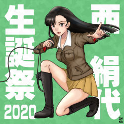 Rule 34 | 1girl, 2020, artist logo, asymmetrical bangs, birthday, black eyes, black hair, boots, brown jacket, character name, chi-hatan military uniform, commentary, girls und panzer, green background, headphones, holding, jacket, knee boots, long hair, long sleeves, looking at viewer, military, military uniform, miniskirt, nishi itsumi, nishi kinuyo, on one knee, open mouth, pleated skirt, pointing, pointing at viewer, radio, skirt, smile, solo, star (symbol), straight hair, translated, uniform, yellow skirt
