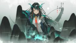 Rule 34 | 1girl, :|, arknights, black hair, black jacket, blue hair, chinese commentary, closed mouth, commentary request, dragon horns, dress, dusk (arknights), earrings, half-closed eyes, highres, horns, jacket, jewelry, looking at viewer, multicolored hair, necktie, open clothes, open jacket, pointy ears, red eyes, red necktie, solo, streaked hair, terrible-ball, upper body, white dress