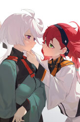 Rule 34 | 2girls, absurdres, alternate skin color, arm up, asticassia school uniform, black hairband, blush, closed mouth, commentary request, eye contact, eyelashes, green eyes, green jacket, gundam, gundam suisei no majo, hair between eyes, hairband, hand on another&#039;s chin, hand up, highres, jacket, layered sleeves, long hair, long sleeves, looking at another, low ponytail, miorine rembran, multiple girls, parted bangs, ponytail, profile, purple eyes, red hair, school uniform, shenqi de (9), short eyebrows, sidelocks, simple background, standing, suletta mercury, thick eyebrows, white background, white hair, white jacket, wide sleeves, yuri