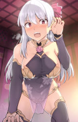 Rule 34 | 1girl, armlet, bare shoulders, blush, bracelet, breasts, collar, collarbone, dress, earrings, fate/grand order, fate (series), hair ribbon, hand in own hair, jewelry, kama (fate), kama (second ascension) (fate), large breasts, leaning forward, long hair, looking at viewer, metal collar, open mouth, pelvic curtain, pink ribbon, purple dress, purple legwear, purple sleeves, red eyes, ribbon, shiseki hirame, silver hair, solo, thighlet, thighs