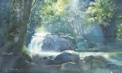 Rule 34 | absurdres, day, forest, harusaki kanta, highres, light rays, nature, no humans, original, painting (medium), reflection, reflective water, river, riverbank, rock, sunlight, traditional media, tree, water, watercolor (medium), waterfall