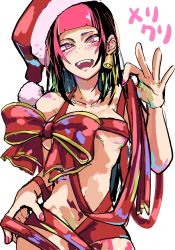 Rule 34 | 1girl, bell, bell earrings, black hair, blush, bokkusu, bow, breasts, christmas, collarbone, earrings, hair down, han juri, hat, jewelry, long hair, multicolored hair, nail polish, naked ribbon, open mouth, pink eyes, pink hair, red bow, red ribbon, ribbon, santa hat, small breasts, smile, solo, street fighter, street fighter v, two-tone hair, underboob
