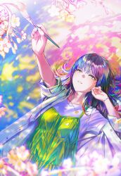 Rule 34 | 1girl, absurdres, arm up, black hair, blue hair, blurry, blurry foreground, depth of field, dress, flower, food, fruit, green dress, hair spread out, hand up, highres, holding, holding paintbrush, jacket, jewelry, long hair, looking up, lying, multicolored hair, nababa, necklace, on back, on ground, open clothes, open jacket, orange (fruit), original, paintbrush, parted lips, red hair, shirt, sleeves rolled up, solo, tree shade, upper body, white flower, white jacket, white shirt, wristband, yellow eyes