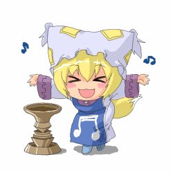 Rule 34 | &gt; &lt;, 1girl, :d, > <, abekawa, aged down, animal hat, blonde hair, chibi, closed eyes, female focus, fox tail, hat, long sleeves, mob cap, musical note, open mouth, mob cap, short hair, smile, solo, tail, tassel, touhou, white background, wide sleeves, xd, yakumo ran