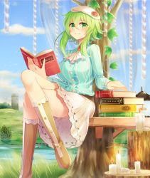 Rule 34 | 1girl, bad id, bad pixiv id, blouse, book, boots, breasts, candle, cloud, cloudy sky, commentary request, crossed legs, day, green eyes, green hair, gumi, hat, highres, holding, holding book, large breasts, looking at viewer, on bench, outdoors, sakakidani, shirt, short hair with long locks, sitting, skirt, sky, smile, solo, striped clothes, striped shirt, vertical stripes, vocaloid, white skirt