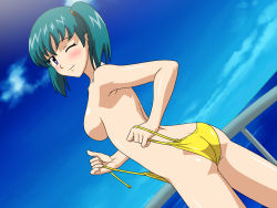 Rule 34 | 00s, 1girl, ass, breasts, female focus, green hair, honjou mikaze, nude, stratos 4, swimsuit, twintails, water, wink