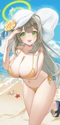 Rule 34 | 1girl, bare arms, bare legs, bare shoulders, beach, bikini, blue archive, blue ribbon, blush, breasts, cleavage, collarbone, flower, green eyes, green halo, halo, hat, hat flower, hat ribbon, highres, jorim, large breasts, light brown hair, long hair, looking at viewer, navel, nonomi (blue archive), nonomi (swimsuit) (blue archive), ocean, official alternate costume, open mouth, ribbon, sandals, smile, solo, swimsuit, white hat, yellow bikini, yellow flower