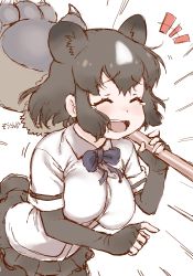 Rule 34 | 1girl, animal ears, bear ears, paw stick, bear tail, bike shorts, black hair, bow, bowtie, breasts, brown bear (kemono friends), collared shirt, commentary request, elbow gloves, emphasis lines, extra ears, closed eyes, fingerless gloves, furrowed brow, gloves, grey hair, highres, holding, holding weapon, kemono friends, laughing, leaning forward, masuyama ryou, medium hair, microskirt, multicolored hair, muted color, open mouth, over shoulder, pointing, shirt, short sleeves, shorts, shorts under skirt, sidelocks, skirt, smile, solo, tail, tearing up, two-tone hair, unaligned breasts, upper body, weapon, weapon over shoulder, wing collar