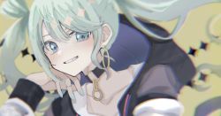 Rule 34 | 1girl, blue eyes, blue hair, blue nails, choker, commentary, earrings, grin, hatsune miku, hood, hoodie, hoop earrings, jewelry, long hair, looking at viewer, nail polish, project sekai, smile, solo, strawberrya mg, twintails, vivid bad squad miku, vocaloid